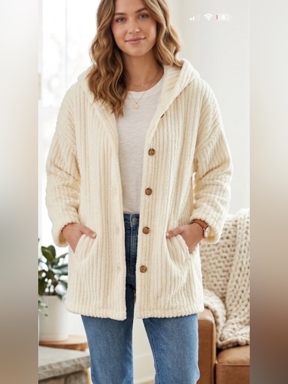 Cream Hooded Jacket Button Front – Size Large – Cellabie
